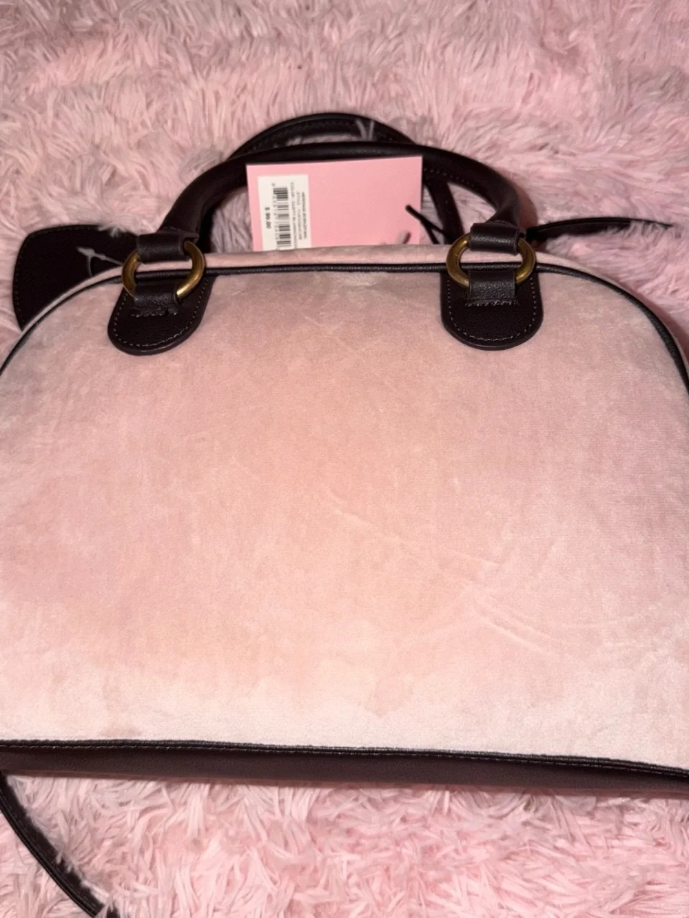 Juicy Couture Light Pink Velour Satchel with Brown Trim and Embroidered Crest